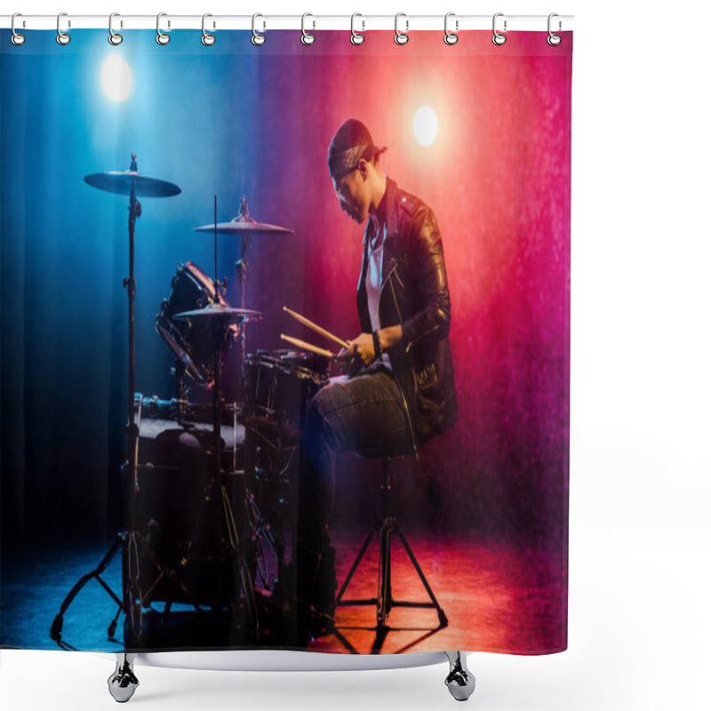 Personality  Side View Of Male Musician In Leather Jacket Playing Drums During Rock Concert On Stage With Smoke And Spotlights Shower Curtains