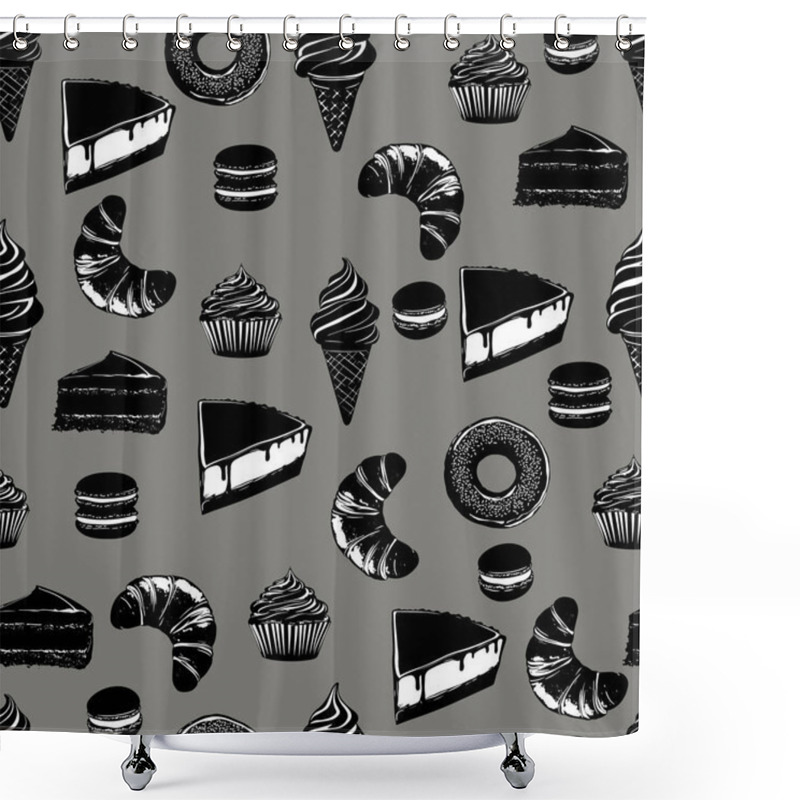 Personality  Seamless Pattern Of Desserts On Pink Background. Black And White Pastry Illustration With Pink. Stylish Food Illustration With Sweets And Pastries Shower Curtains