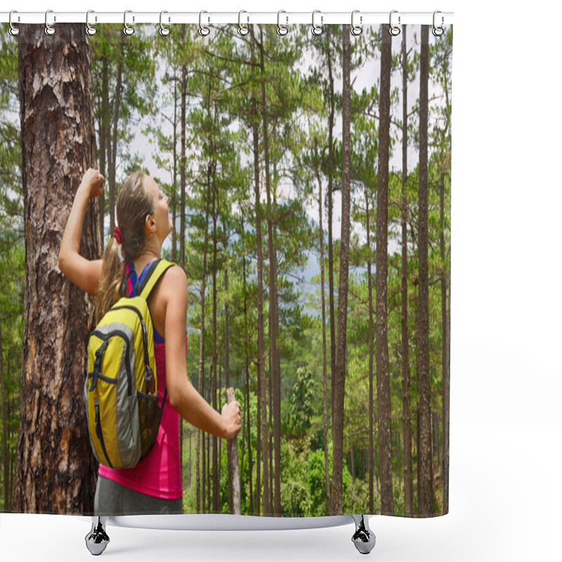 Personality  Portrait Of Happy Traveler Woman  In Forest Enjoying Sunny Day Shower Curtains