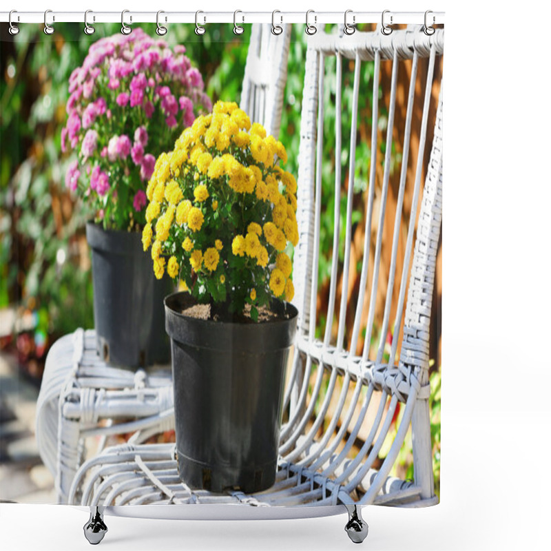 Personality  Yellow And Lilac Flowers In Pots On White Wicker Chairs In Garden Shower Curtains