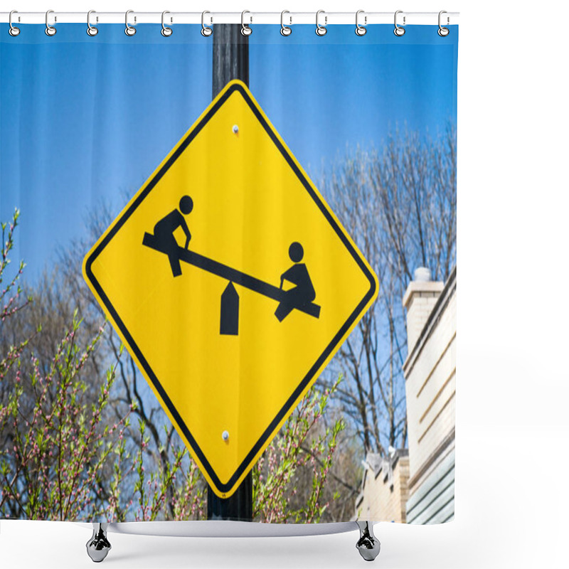 Personality  A Photograph Of A Bright Yellow And Black Diamond Or Rectangular Shaped Kids Playing Or Playground Graphic Warning Sign Is Posted On A Metal Light Pole With Spring Trees And Blue Skies Beyond. Shower Curtains