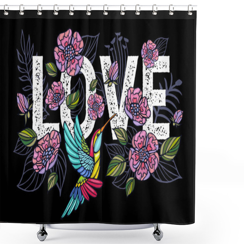 Personality  Embroidery Hummingbird, Love, Palm Tree Leaves, Flowers Tropical Art Patch. Fashionable Embroidery Tropical Summer Background. Template Design Clothes, T Shirt. Hand Drawn Vector. Shower Curtains