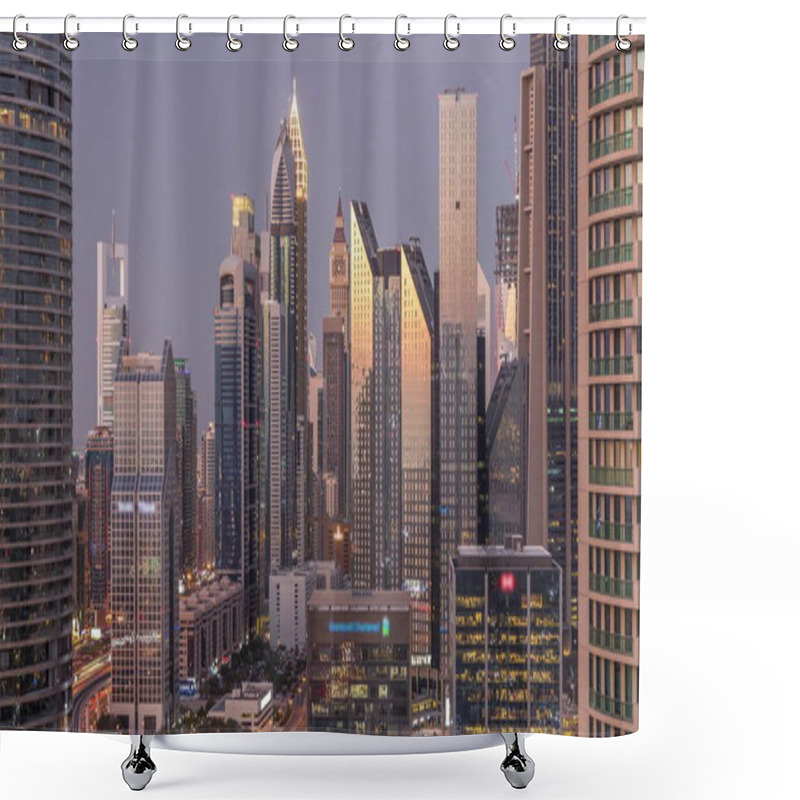 Personality  Dubai International Financial Centre District With Modern Skyscrapers Day To Night Timelapse Shower Curtains