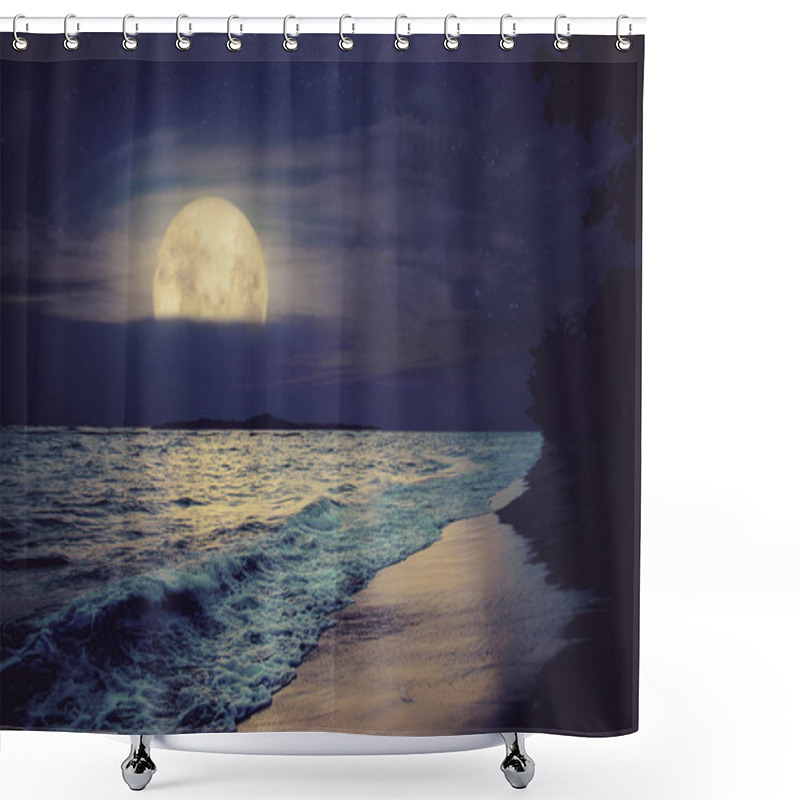 Personality  Beautiful Fantasy Tropical Sea Beach. Full Moon (super Moon) With Cloud Over Seascape In Night Skies. Serenity Nature Background At Nighttime. Vintage And Retro Color Filter Style. Shower Curtains