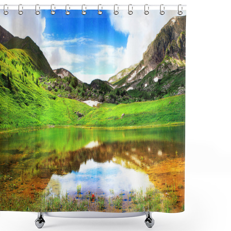 Personality  Wonderful Landscape With Mountain Lake, Alpine Meadow And Mountains Shower Curtains