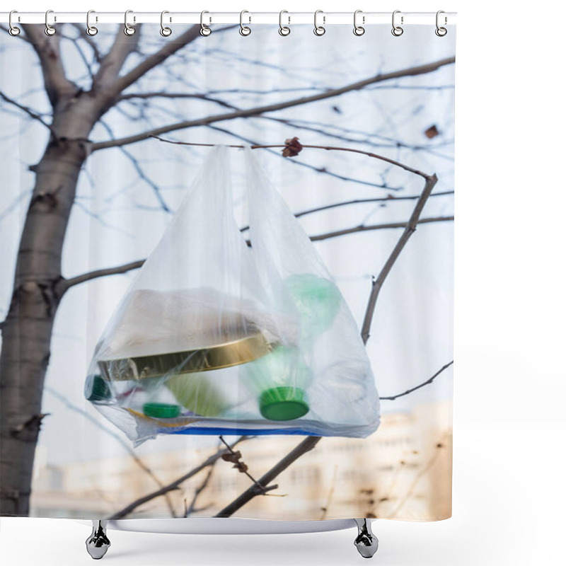 Personality  Cellophane Bag With Plastic Bottles And Tin On Tree, Ecology Concept Shower Curtains