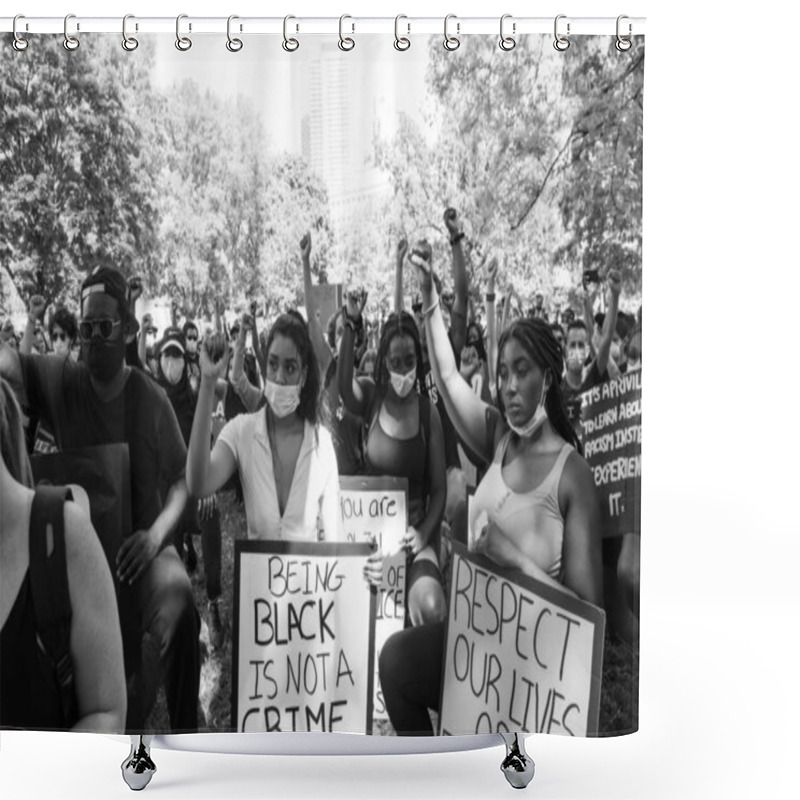 Personality  TORONTO, ONTARIO, CANADA - JUNE 6, 2020: Anti-Racism March, In Solidarity With Black Lives Matter And Against The Death Of George Floyd And Police Injustice. Shower Curtains