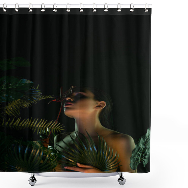 Personality  Low Angle View Of Woman With Flower And Leaves Isolated On Black Shower Curtains