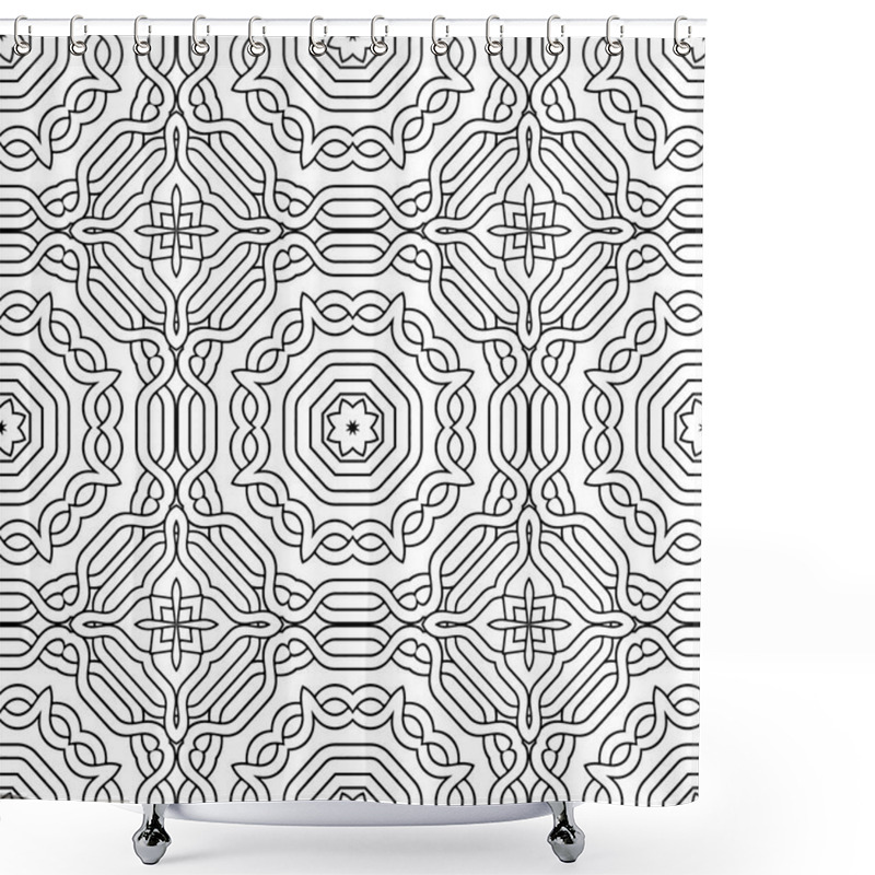 Personality  Celtic Braided Seamless Pattern. Intricate Line Art Pattern. Tribal Ethnic Traditional Vector Background. Fractal Black And White Lacy Pattern. Braided Floral Isolated Lines Ornament. Coloring Book. Shower Curtains