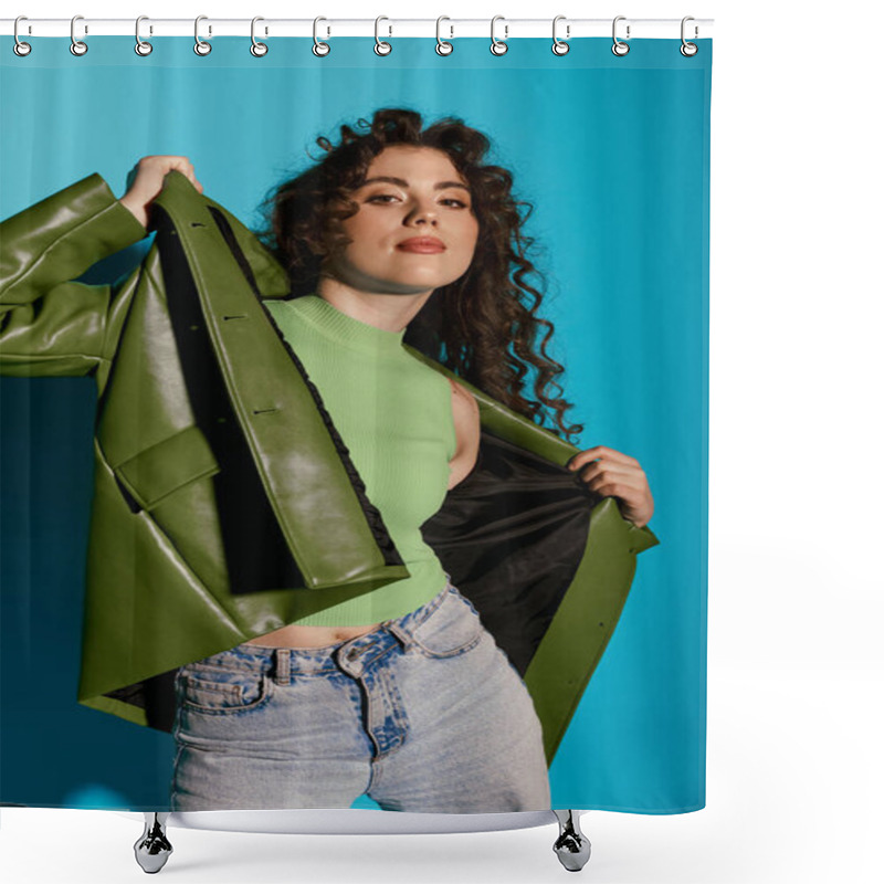 Personality  Confident Young Woman Wearing A Vibrant Green Top And Jacket Poses With Flair, Exuding Joy. Shower Curtains