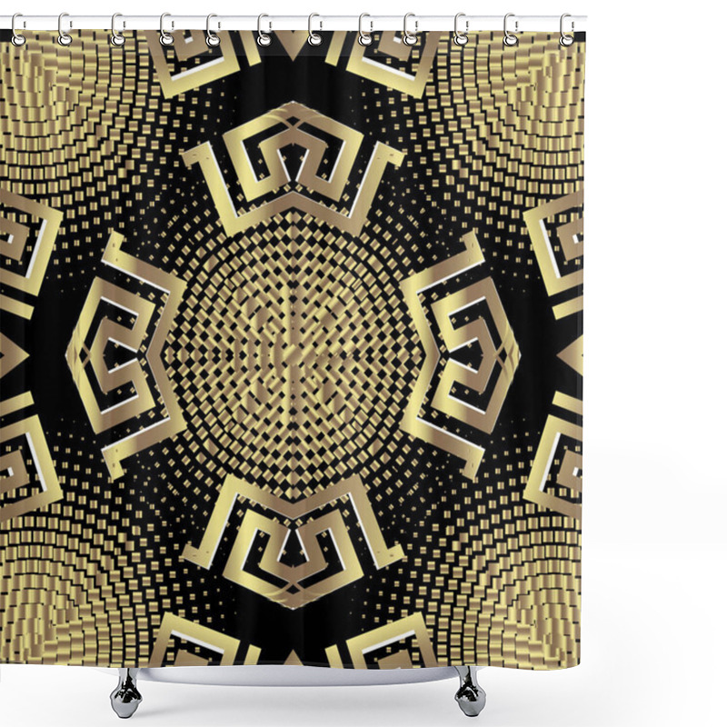 Personality  3d Dotted Vector Seamless Pattern. Modern Abstract Patterned Greek Background. Textured Grunge Ornaments. Geometric Shapes, Halftones, Lines, Circles, Squares, Greek Key, Meander, Dots. Luxury Design. Shower Curtains