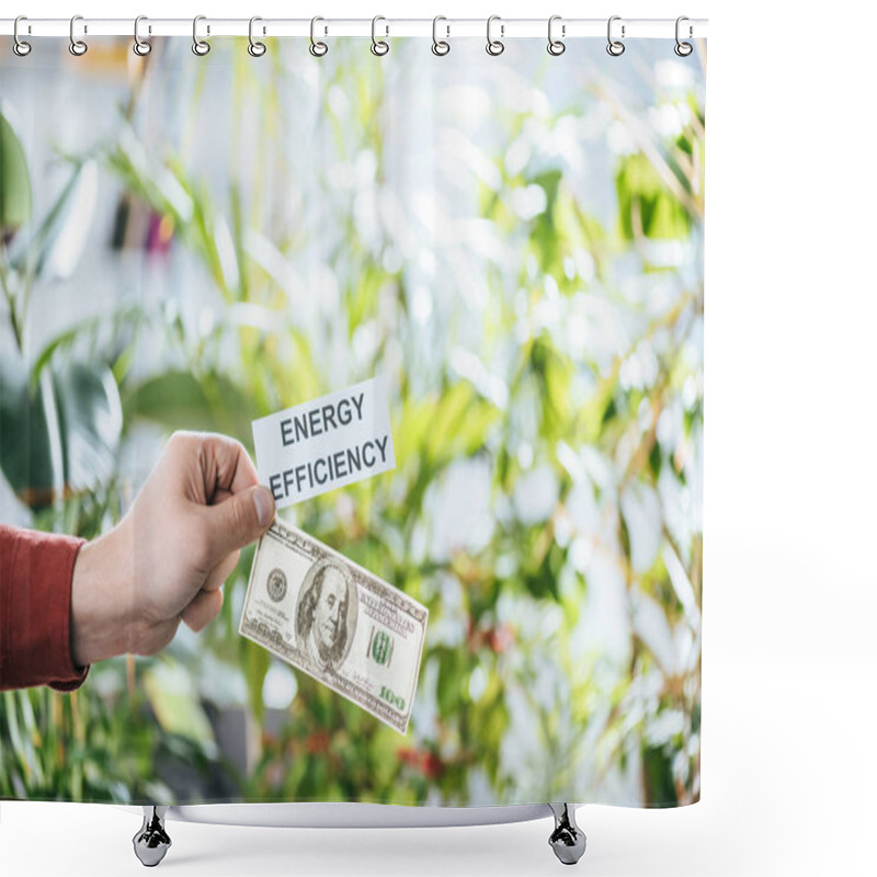 Personality  Cropped View Of Man Holding Hundred Dollar Banknote And Card With Lettering, Energy Efficiency Concept Shower Curtains