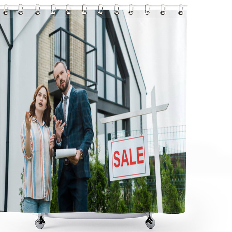 Personality  Handsome Broker Holding Clipboard And Gesturing Near Attractive Woman And Board With Sale Letters  Shower Curtains