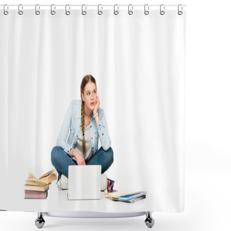 Personality  Pensive Girl Sitting On Floor With Laptop, Books And Copybooks And Holding Uk Flag Isolated On White Shower Curtains