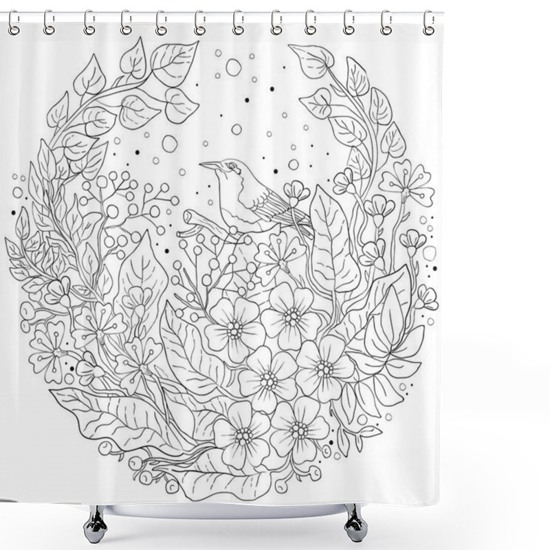 Personality  Design Elements On The Theme Of Nature, Plants, And Birds. Doodle Style In Circle Shape Composition. Black Outline On White Background. Shower Curtains