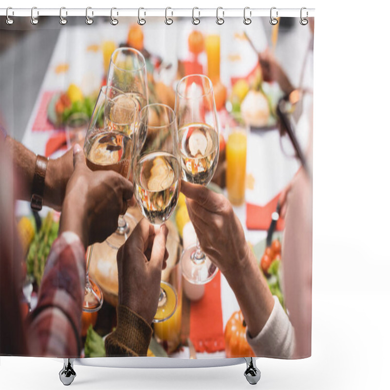 Personality  Partial View Of Multiethnic Relatives Clinking Wine Glasses While Celebrating Thanksgiving Day Shower Curtains