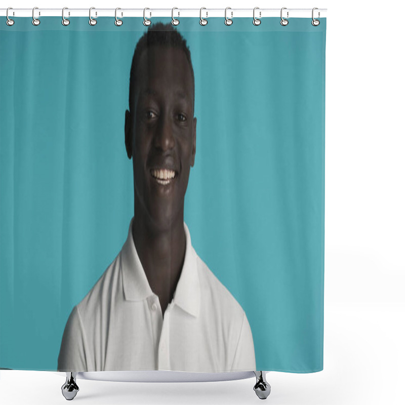 Personality  Positive African American Man In White T-shirt Looking Happy Isolated On Blue Background Shower Curtains