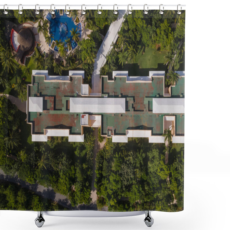 Personality  A Secluded Resort With A Circular Pool, Surrounded By Palm Trees And A Residential Building, Offers A Serene Escape. Shower Curtains