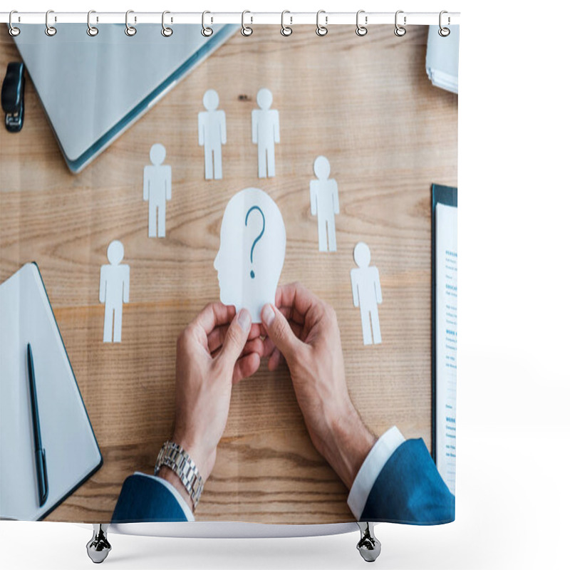 Personality  Cropped View Of Recruiter Holding Paper Human Shape With Question Mark On Table  Shower Curtains