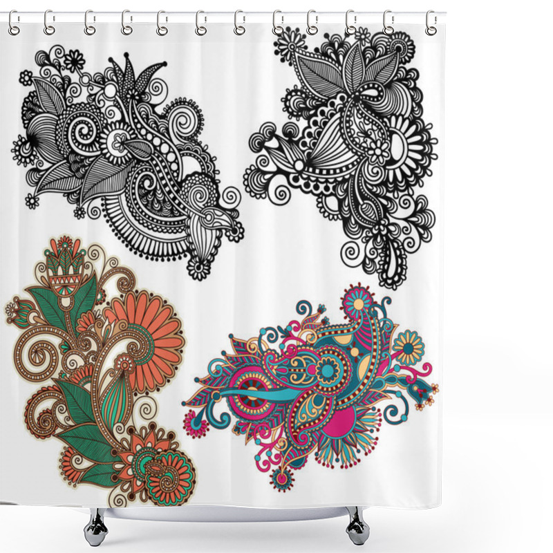 Personality  Original Hand Draw Line Art Ornate Flower Design. Ukrainian Trad Shower Curtains