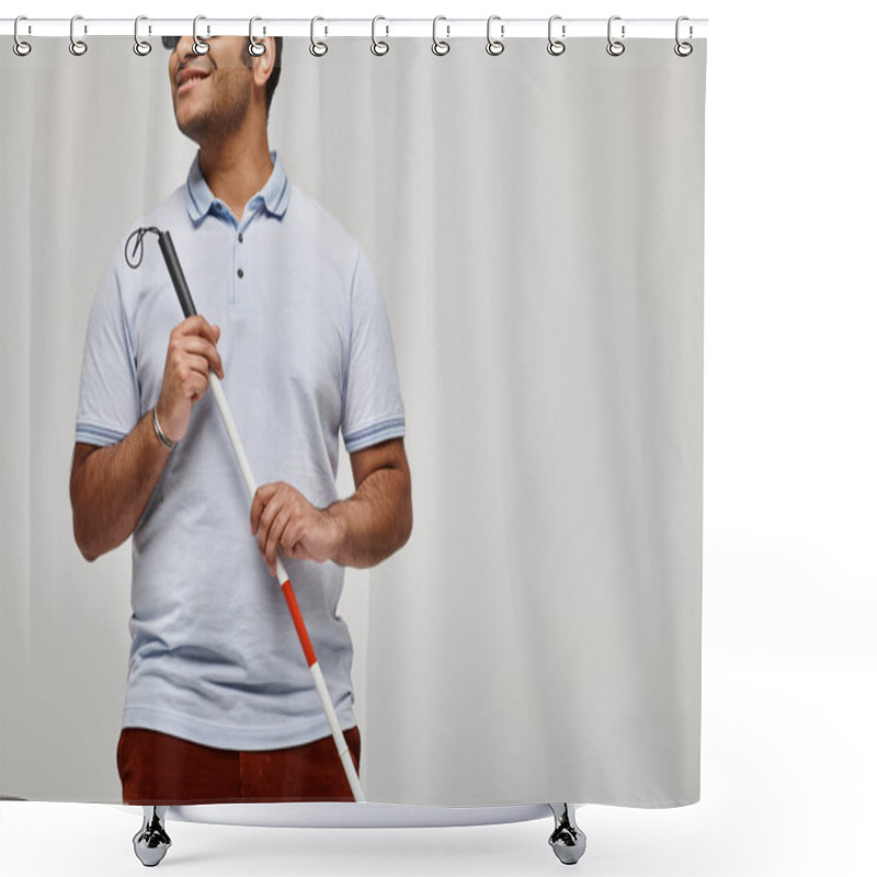 Personality  Joyful Indian Blind Man In Blue Tee Shirt With Glasses And Walking Stick Posing On Gray Backdrop Shower Curtains