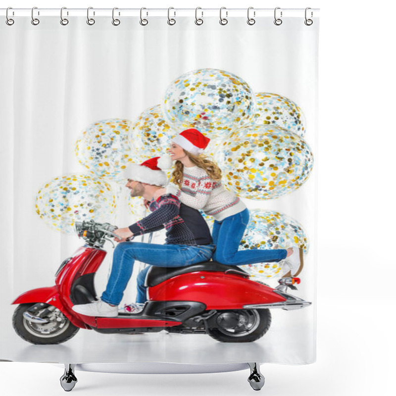 Personality  Cheerful Couple In Santa Hats Riding Red Scooter, Big Christmas Balloons With Confetti On Background, Isolated On White  Shower Curtains