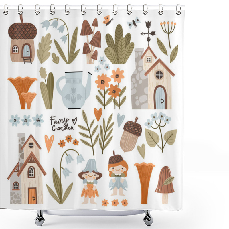 Personality  Vector Illustrations Set Of Forest Plants, Magic Houses, Flowers And Fairy Tale Characters. Cute, Fabulous Houses, Acorns, Mushrooms, Lilies Of The Valley In Cartoon Style. Shower Curtains