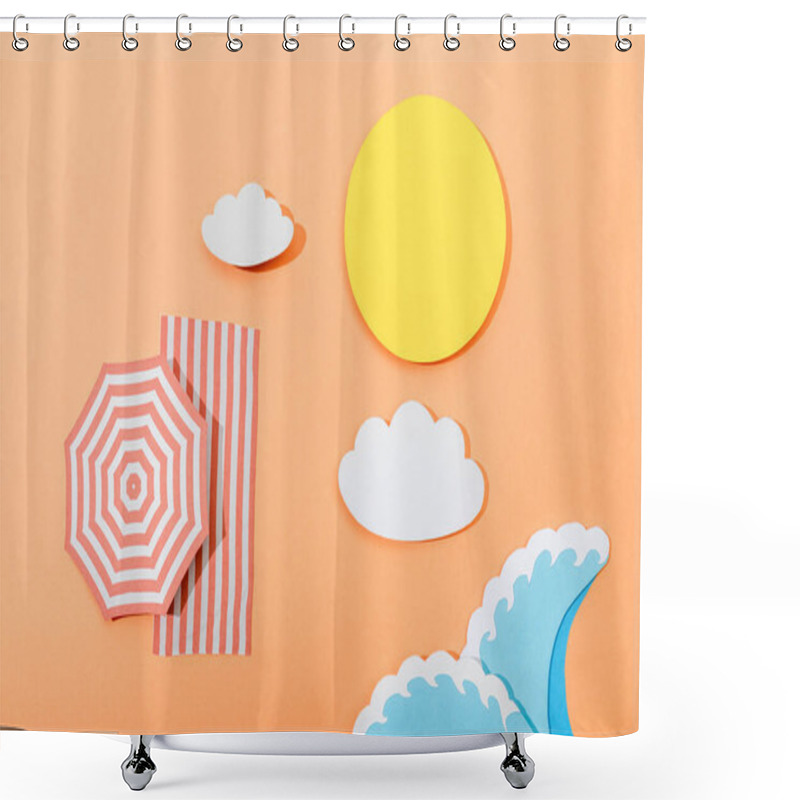 Personality  Top View Of Paper Cut Summer Beach With Umbrella And Blanket On Orange Background Shower Curtains