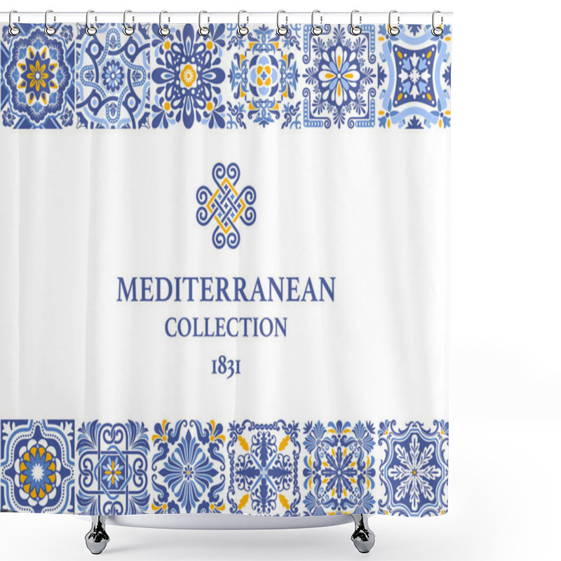 Personality  Label Or Business Card Template With Azulejo Mosaic Tile Pattern, Blue, White, Yellow Colors, Floral Motifs. Mediterranean, Portuguese, Spanish Traditional Vintage Style. Vector Illustration Shower Curtains