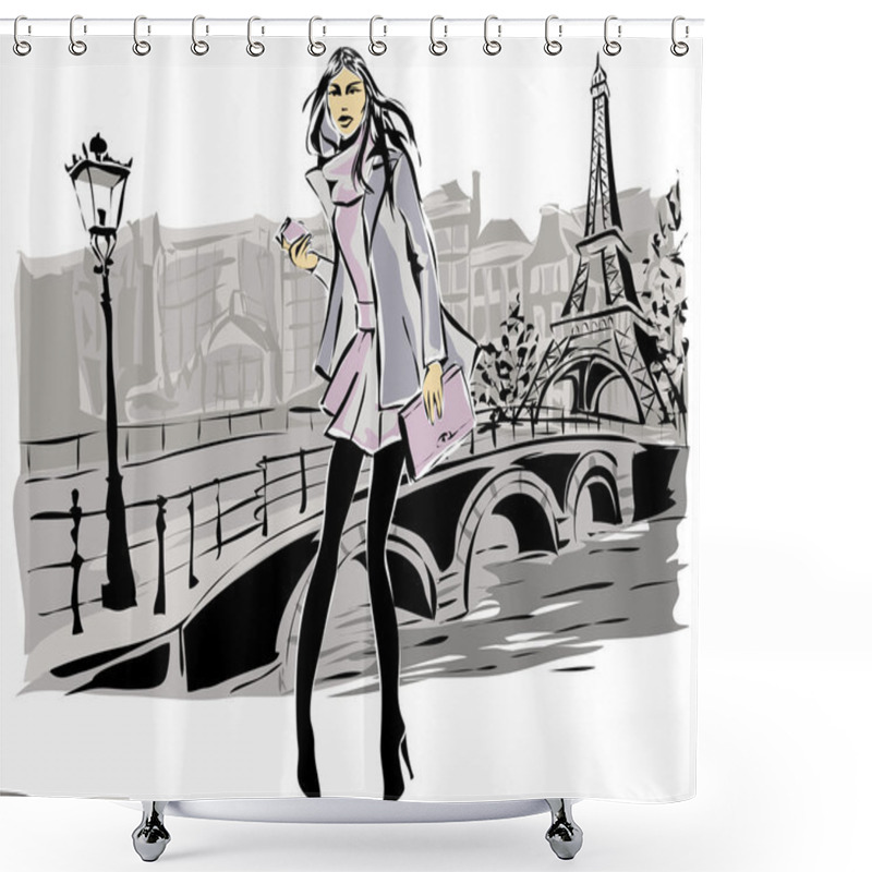 Personality  Fashion Models In Sketch Style Fall Winter With Paris City Background Shower Curtains