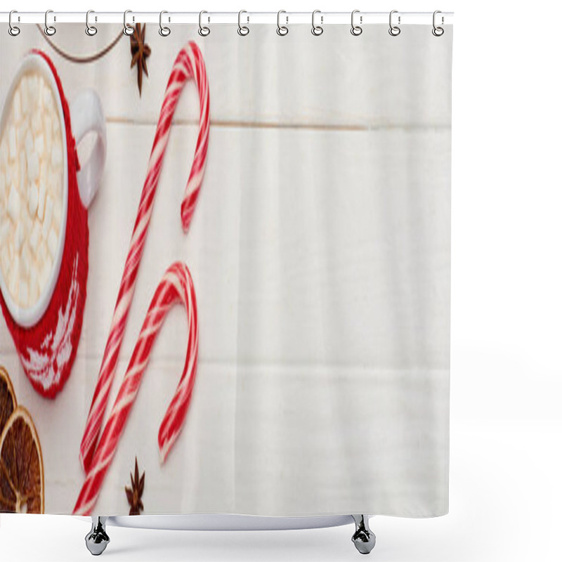 Personality  Top View Of Christmas Candy Canes And Cup Of Cocoa With Marshmallows On White Wooden Table  Shower Curtains