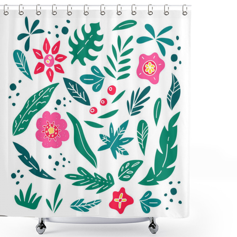 Personality  Set Of Flowers And Leaves Of Exotic Plants On White Background. Doodle And Freehand Drawing In The Modern Style. Scandinavian Style Clipart. Vector Illustration. Shower Curtains