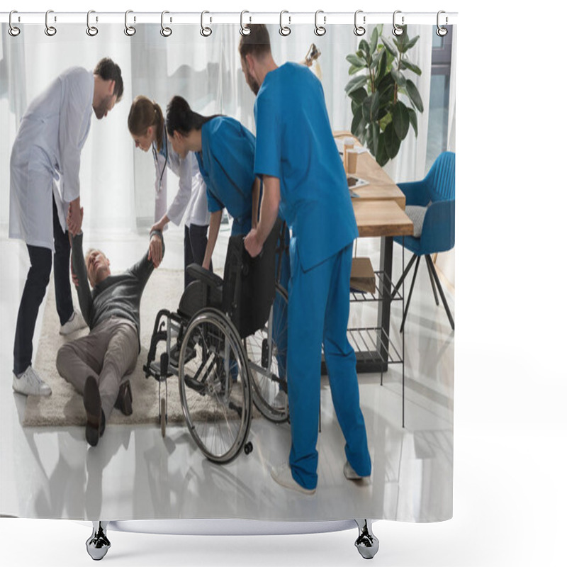 Personality  Doctors Helping Fell Mature Man To Sit On Wheelchair Shower Curtains