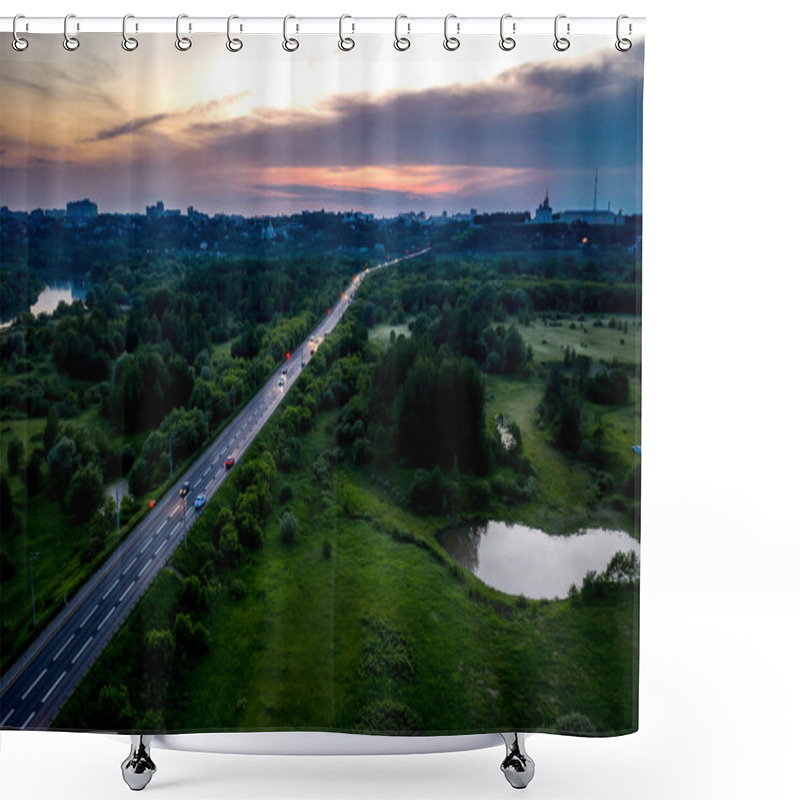 Personality  Aerial View Of The Asphalt Road Through Green Fields Towards The City Of Vladimir, Central Russia. Sunset Landscape. Shower Curtains