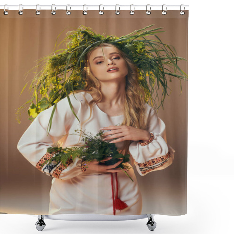 Personality  A Young Maiden Adorned In A White Dress Delicately Holds A Vibrant Plant In A Serene Studio Setting. Shower Curtains