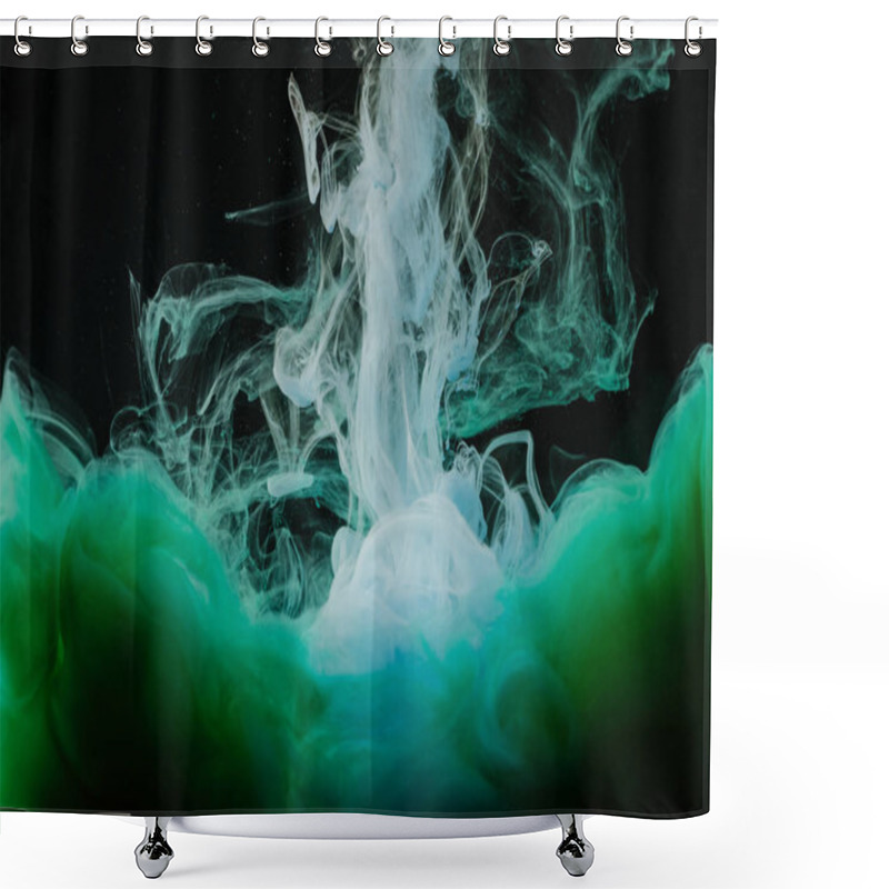 Personality  Close-up View Of Abstract White, Green And Blue Ink On Black Background Shower Curtains