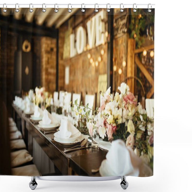 Personality  Dining Table Setting At Wedding Reception.  Shower Curtains