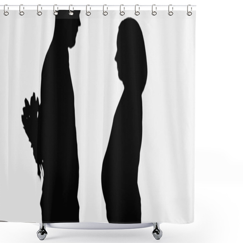 Personality  Silhouette Of Man Holding Bouquet Behind Back Near Pregnant Wife Isolated On White Shower Curtains