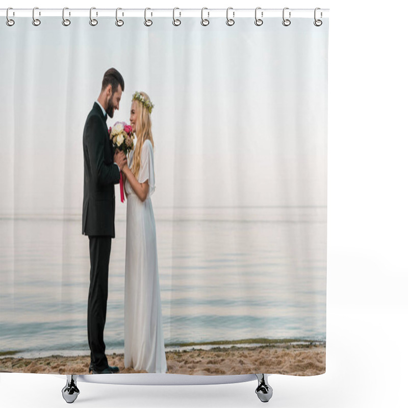 Personality  Side View Of Affectionate Wedding Couple Standing With Bouquet On Beach, Bride Sniffing Roses Shower Curtains