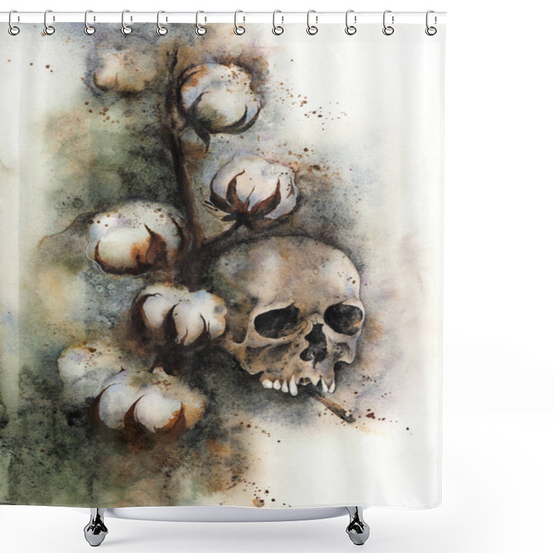 Personality  Cotton Flower With A Human Skull Painting. Green And Brown Dark Gothic Watercolor Concept Art With A Smoking Dead Man. High-quality Illustration Shower Curtains