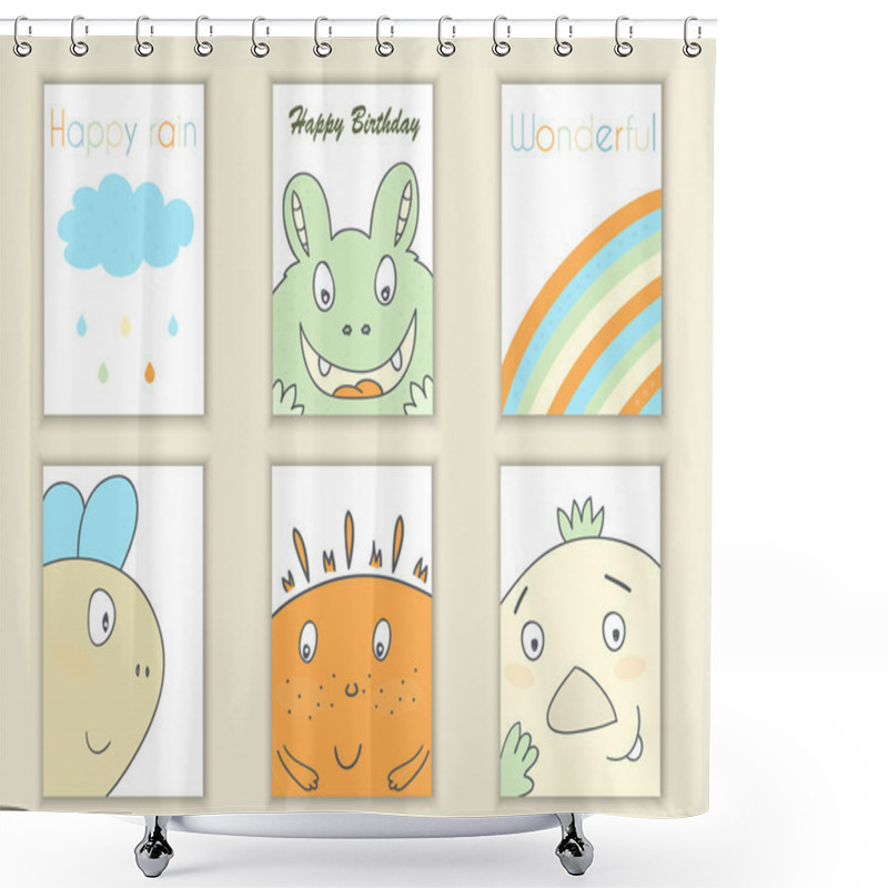 Personality  Cute Hand Drawn Doodle Birthday, Party, Baby Shower Cards, Brochures, Invitations With Monsters, Rainbow, Cloud, Rain. Cartoon Characters Background. Printable Templates Set Shower Curtains