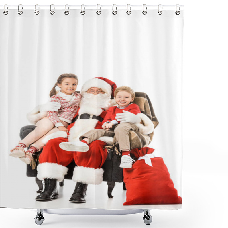 Personality  Happy Kids And Santaembracing And Looking At Camera While Sitting In Armchair Together Isolated On White Shower Curtains