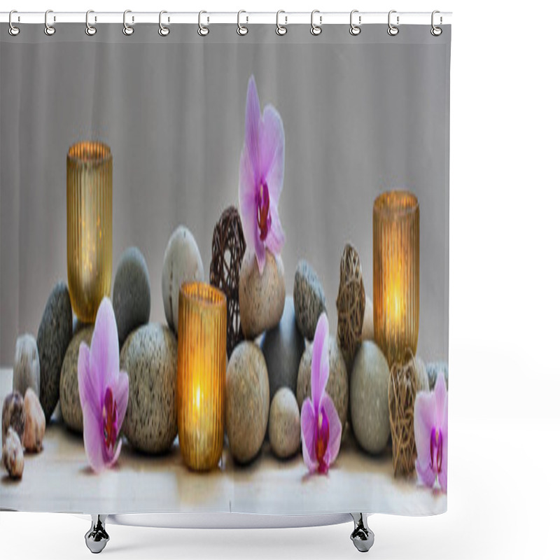 Personality  Concept Of Wellbeing With Pebbles, Orchids And Candles, Panoramic Shower Curtains