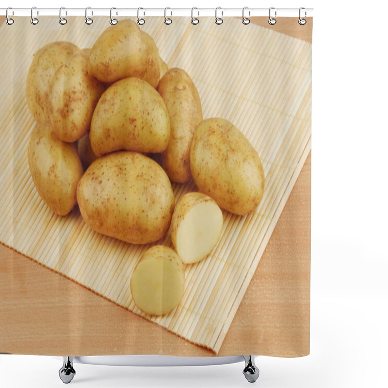 Personality  Lots Of Raw Potatoes On Bamboo Stand On Gray Isolated Background Shower Curtains