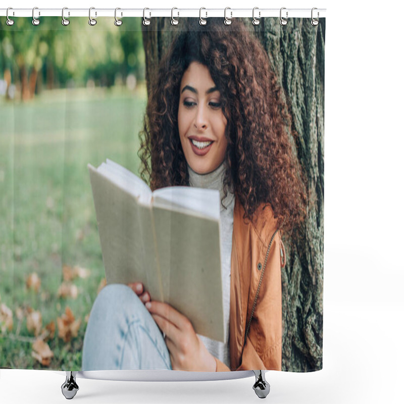 Personality  Selective Focus Of Curly Woman In Autumn Outfit Reading Book In Park  Shower Curtains