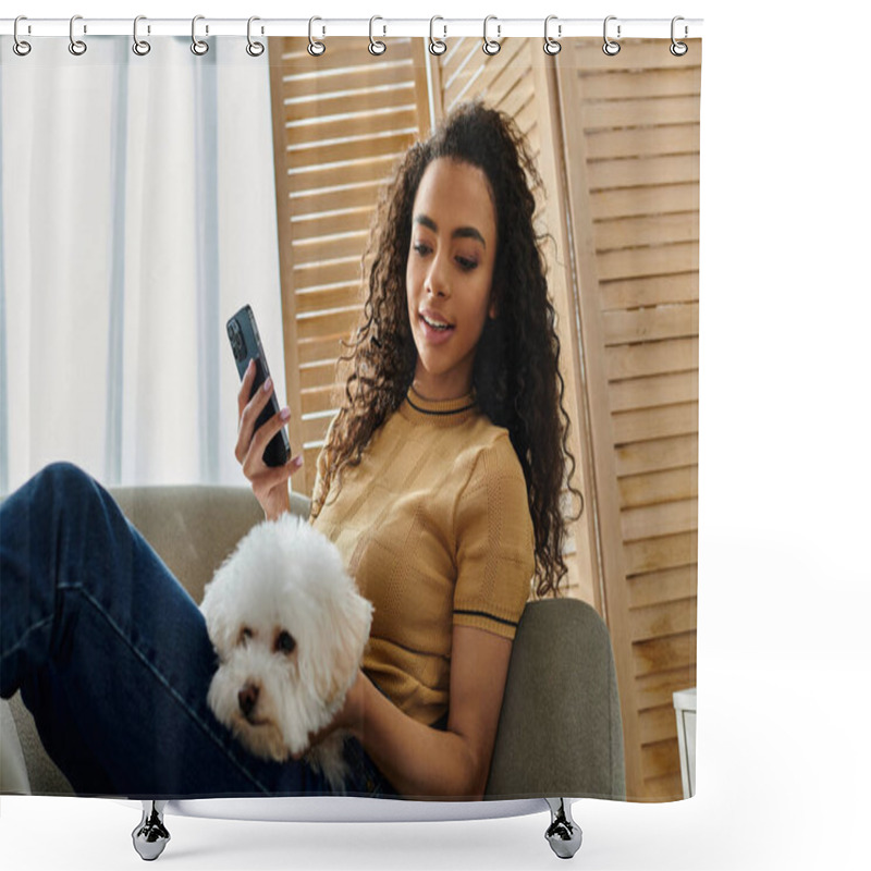 Personality  Woman Relaxes On Couch, Holding Fluffy White Dog And Checking Phone. Shower Curtains