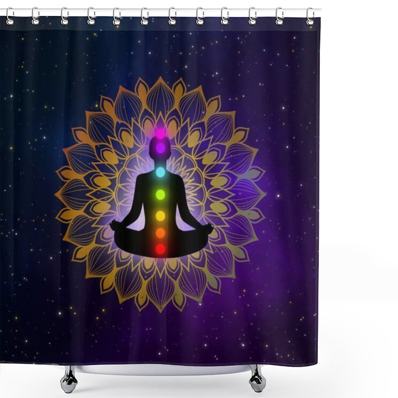 Personality  Abstract Meditation Man With Seven Chakras And Mandala In The Galaxy Illustration Design Background. Shower Curtains