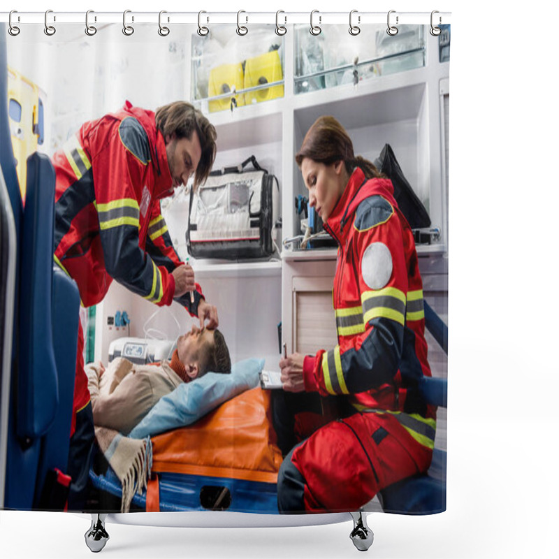 Personality  Paramedics Doing Eye Examining In Ambulance Car Shower Curtains