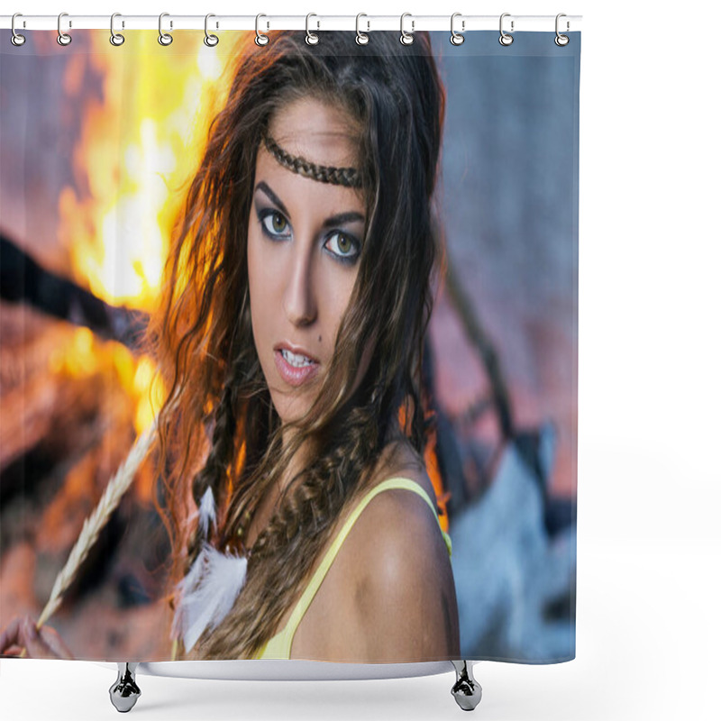 Personality  Woman In Bikini Is Posing Near A Bonfire That Is At The Beach  Shower Curtains