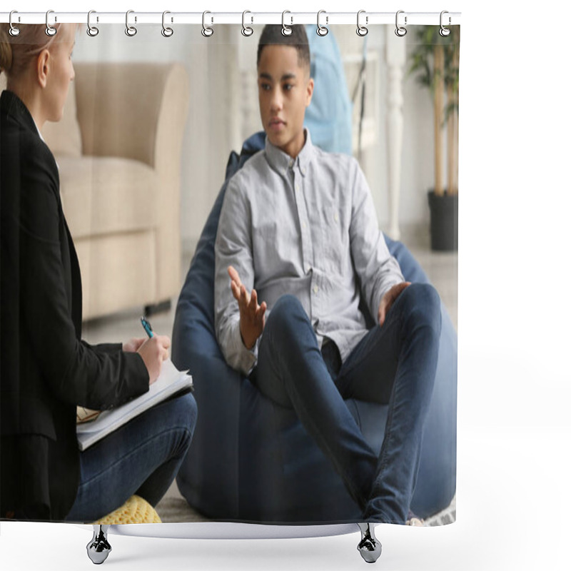 Personality  Female Psychologist Working With Teenage Boy In Office Shower Curtains